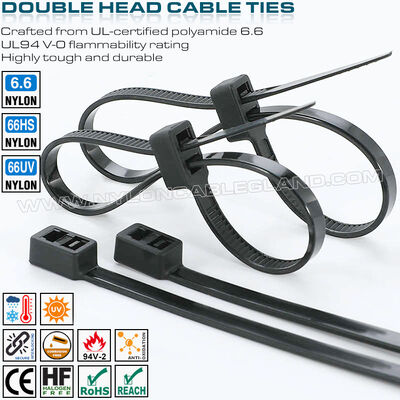 Double-Head Plastic (Nylon 6.6 / PA 6.6) Cable Tie 300x4.8mm, Double-Loop Type, 50 Lbs, UL94 V-2, Versatile Use