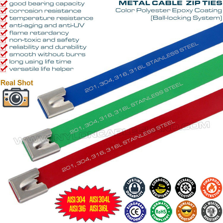Polyester Coated 304/316 Stainless Steel Cable Ties, Epoxy Coated Metal Cable Tie 15mm x 400mm (800 lbs) for Machines