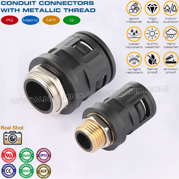 Nylon 6 Quick Connectors (Joints, Fittings) black RAL9005 c/w Metal Male Thread PG7~PG48 for Corrugated Tubes AD7~AD108