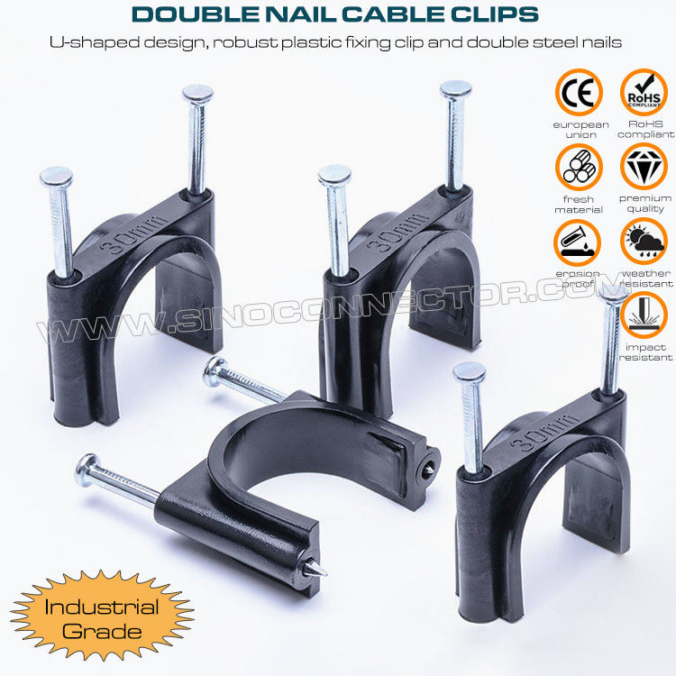 Double Nail Cable Clips (Double Nail Pipe Clips), Round Type, Two Steel Nails, Polyethylene, White/Black, 30mm~50mm, For Large Cables
