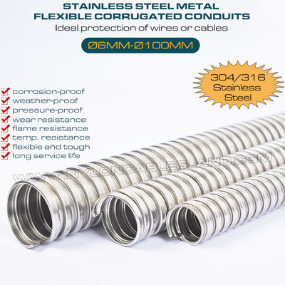 金属製フレキシブルコルゲートチューブコンジット(Ø6mm～Ø100mm)、316および304ステンレス鋼製コルゲートパイプ（ホース）、軸張力36～600kgf、電線保護用