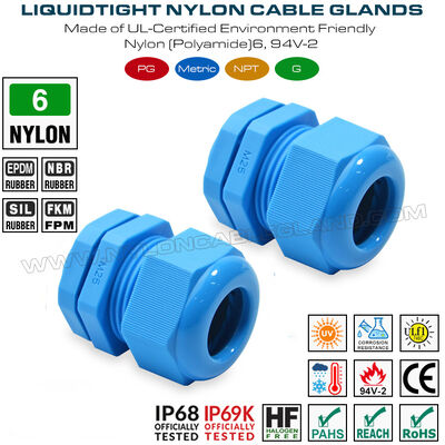 防水コードコネクタ M25x1.5 プラスチックケーブルグリッド IP68, 13-18mm 範囲,ナイロン (PA) 6, UL746C-f1 評価,屋外使用