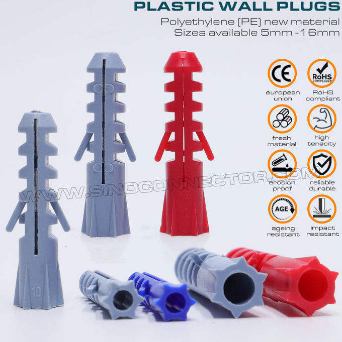 壁キャビネット用のØ6~8mm セルフタッピング ネジ付き拡張可能なプラスチック製アンカー (ねじ込み式アンカー,拡張プラグ) グレー,赤,または青 Ø10 x 50mm 100 個