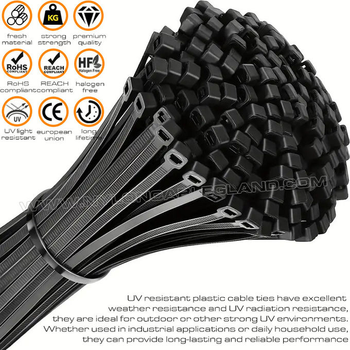 UV耐性ナイロン6.6プラスチック製結束バンド,黒色プラスチック製結束バンド,200mm x 4.8インチ(22kg,50ポンド,222N),紫外線の強い環境向け